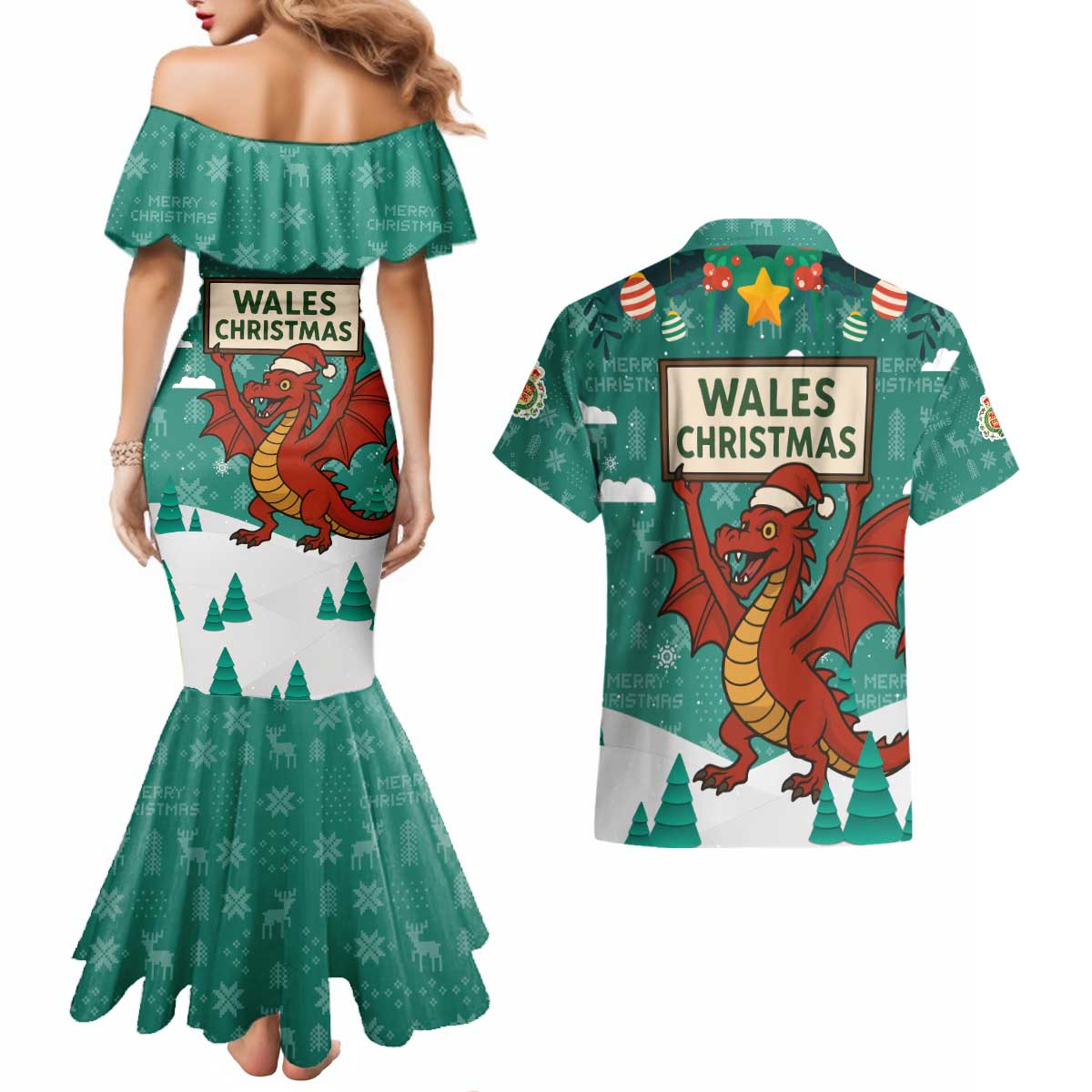 Wales Christmas Couples Matching Mermaid Dress and Hawaiian Shirt with Red Dragon Santa Sleigh and Festive Green Snowflake - Wonder Print Shop