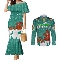 Wales Christmas Couples Matching Mermaid Dress and Long Sleeve Button Shirt with Red Dragon Santa Sleigh and Festive Green Snowflake - Wonder Print Shop