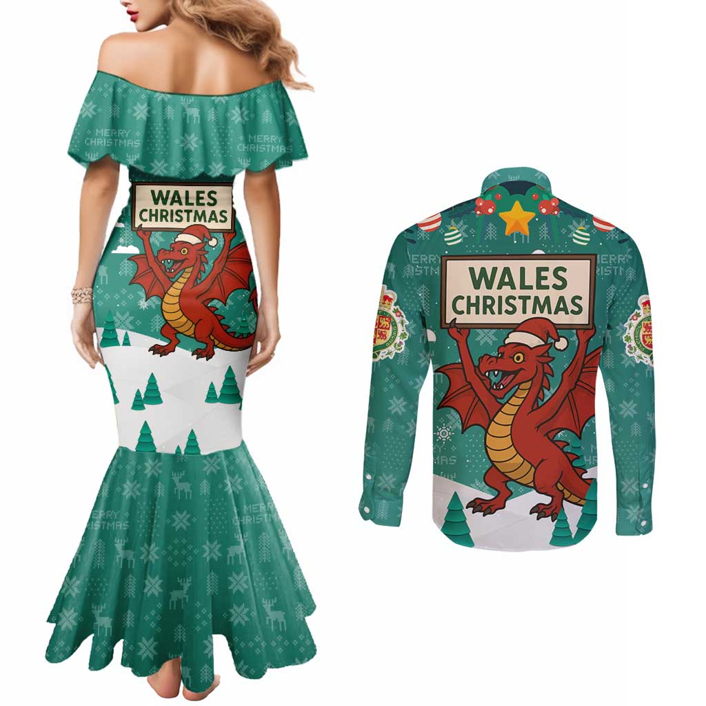 Wales Christmas Couples Matching Mermaid Dress and Long Sleeve Button Shirt with Red Dragon Santa Sleigh and Festive Green Snowflake - Wonder Print Shop