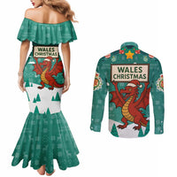 Wales Christmas Couples Matching Mermaid Dress and Long Sleeve Button Shirt with Red Dragon Santa Sleigh and Festive Green Snowflake - Wonder Print Shop