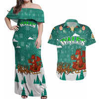 Wales Christmas Couples Matching Off Shoulder Maxi Dress and Hawaiian Shirt with Red Dragon Santa Sleigh and Festive Green Snowflake - Wonder Print Shop