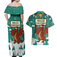 Wales Christmas Couples Matching Off Shoulder Maxi Dress and Hawaiian Shirt with Red Dragon Santa Sleigh and Festive Green Snowflake - Wonder Print Shop