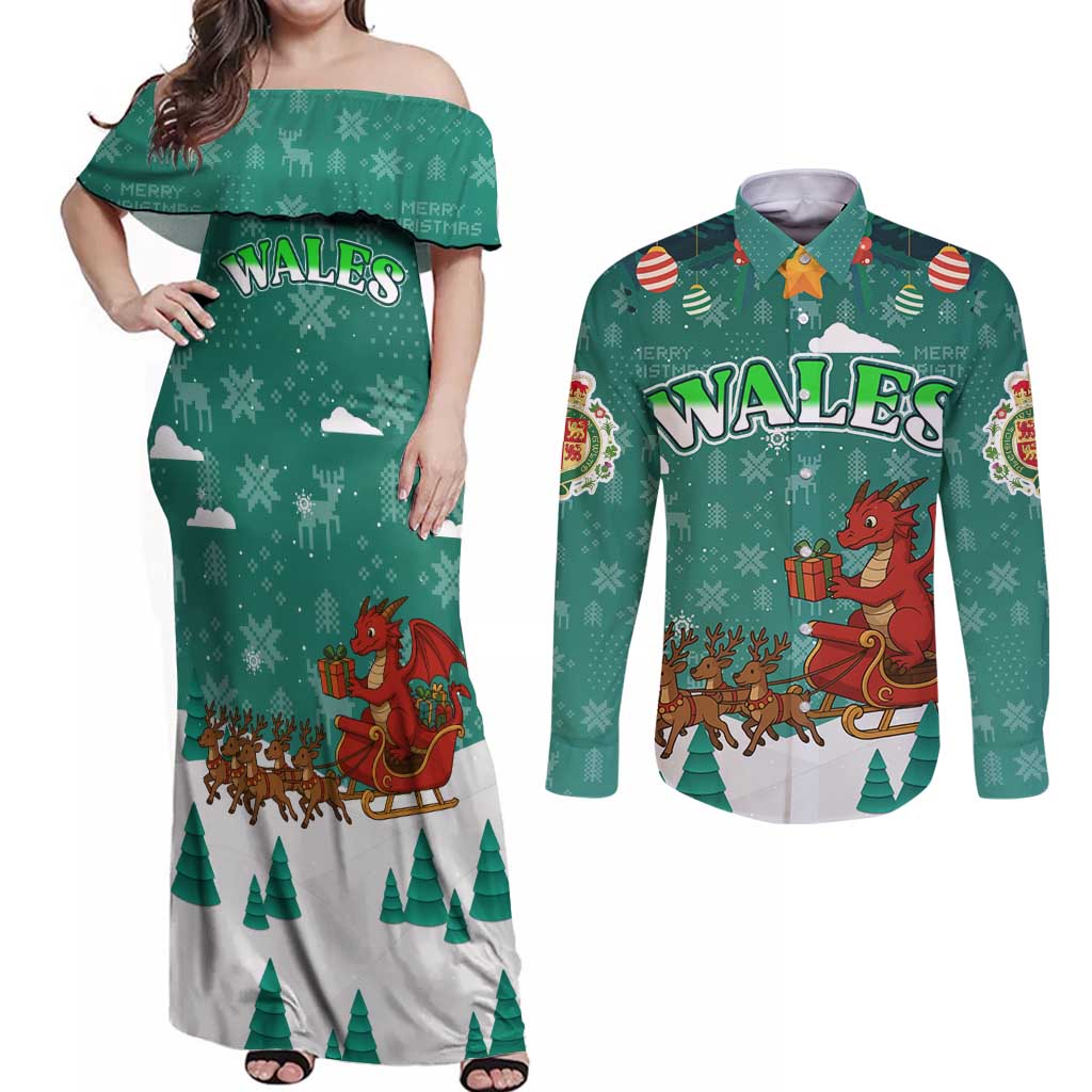 Wales Christmas Couples Matching Off Shoulder Maxi Dress and Long Sleeve Button Shirt with Red Dragon Santa Sleigh and Festive Green Snowflake - Wonder Print Shop