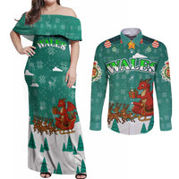 Wales Christmas Couples Matching Off Shoulder Maxi Dress and Long Sleeve Button Shirt with Red Dragon Santa Sleigh and Festive Green Snowflake - Wonder Print Shop