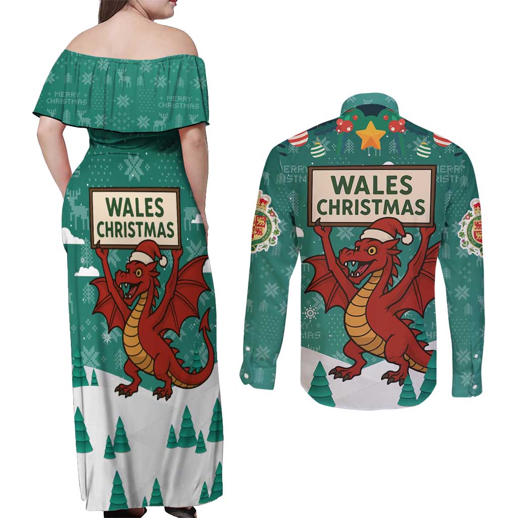 Wales Christmas Couples Matching Off Shoulder Maxi Dress and Long Sleeve Button Shirt with Red Dragon Santa Sleigh and Festive Green Snowflake - Wonder Print Shop