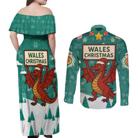 Wales Christmas Couples Matching Off Shoulder Maxi Dress and Long Sleeve Button Shirt with Red Dragon Santa Sleigh and Festive Green Snowflake - Wonder Print Shop