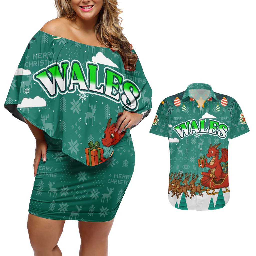 Wales Christmas Couples Matching Off Shoulder Short Dress and Hawaiian Shirt with Red Dragon Santa Sleigh and Festive Green Snowflake - Wonder Print Shop