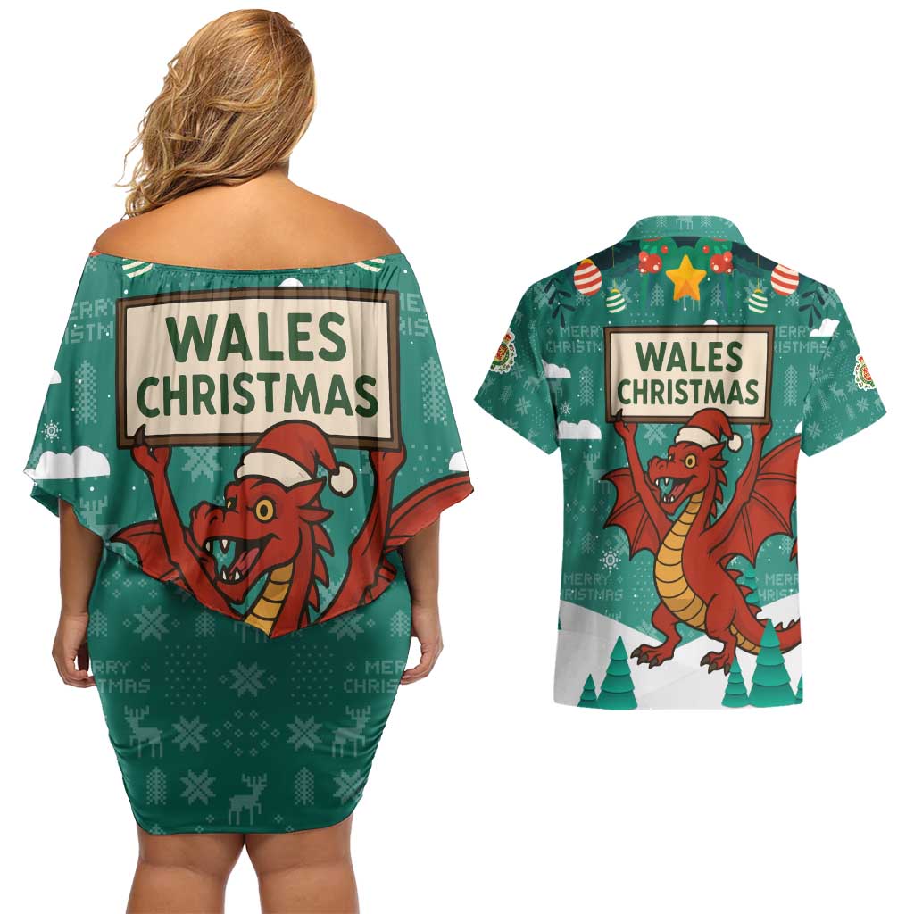Wales Christmas Couples Matching Off Shoulder Short Dress and Hawaiian Shirt with Red Dragon Santa Sleigh and Festive Green Snowflake - Wonder Print Shop