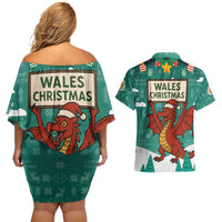 Wales Christmas Couples Matching Off Shoulder Short Dress and Hawaiian Shirt with Red Dragon Santa Sleigh and Festive Green Snowflake - Wonder Print Shop