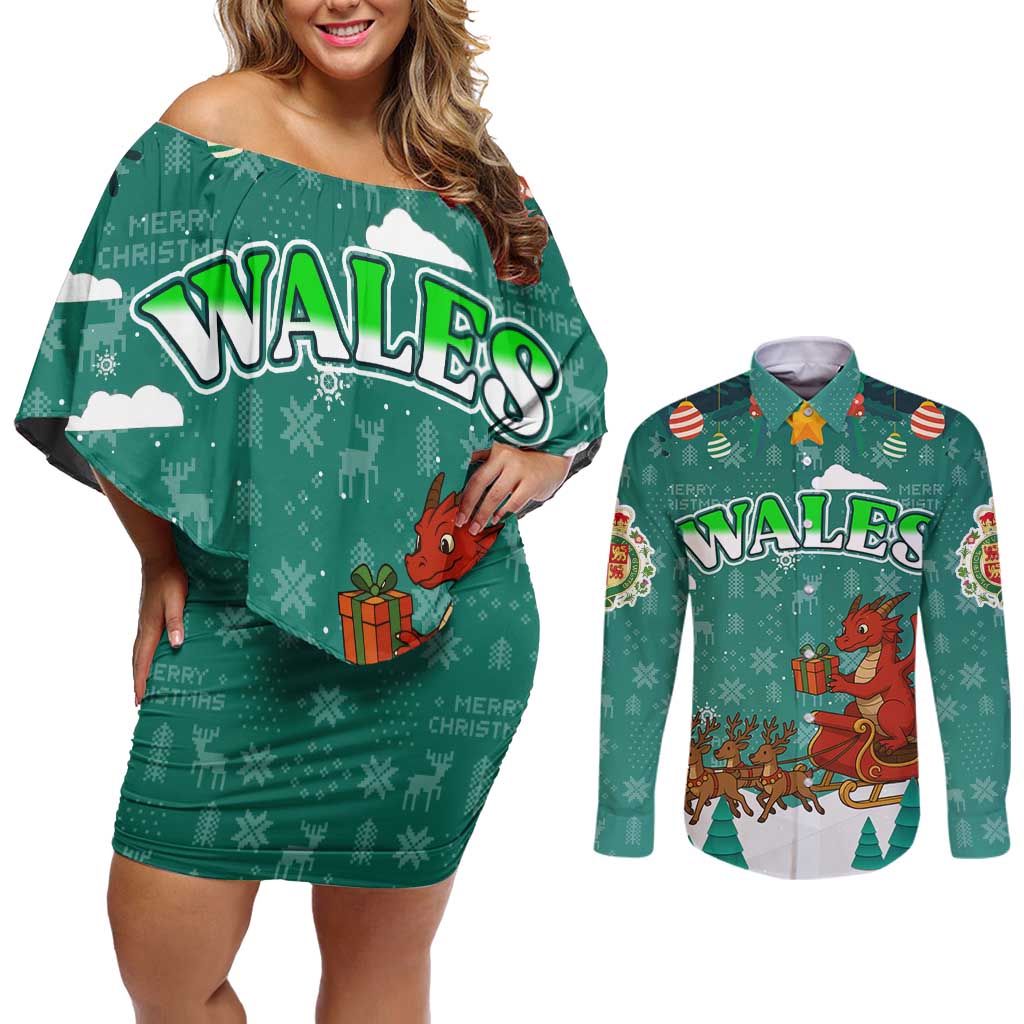 Wales Christmas Couples Matching Off Shoulder Short Dress and Long Sleeve Button Shirt with Red Dragon Santa Sleigh and Festive Green Snowflake - Wonder Print Shop