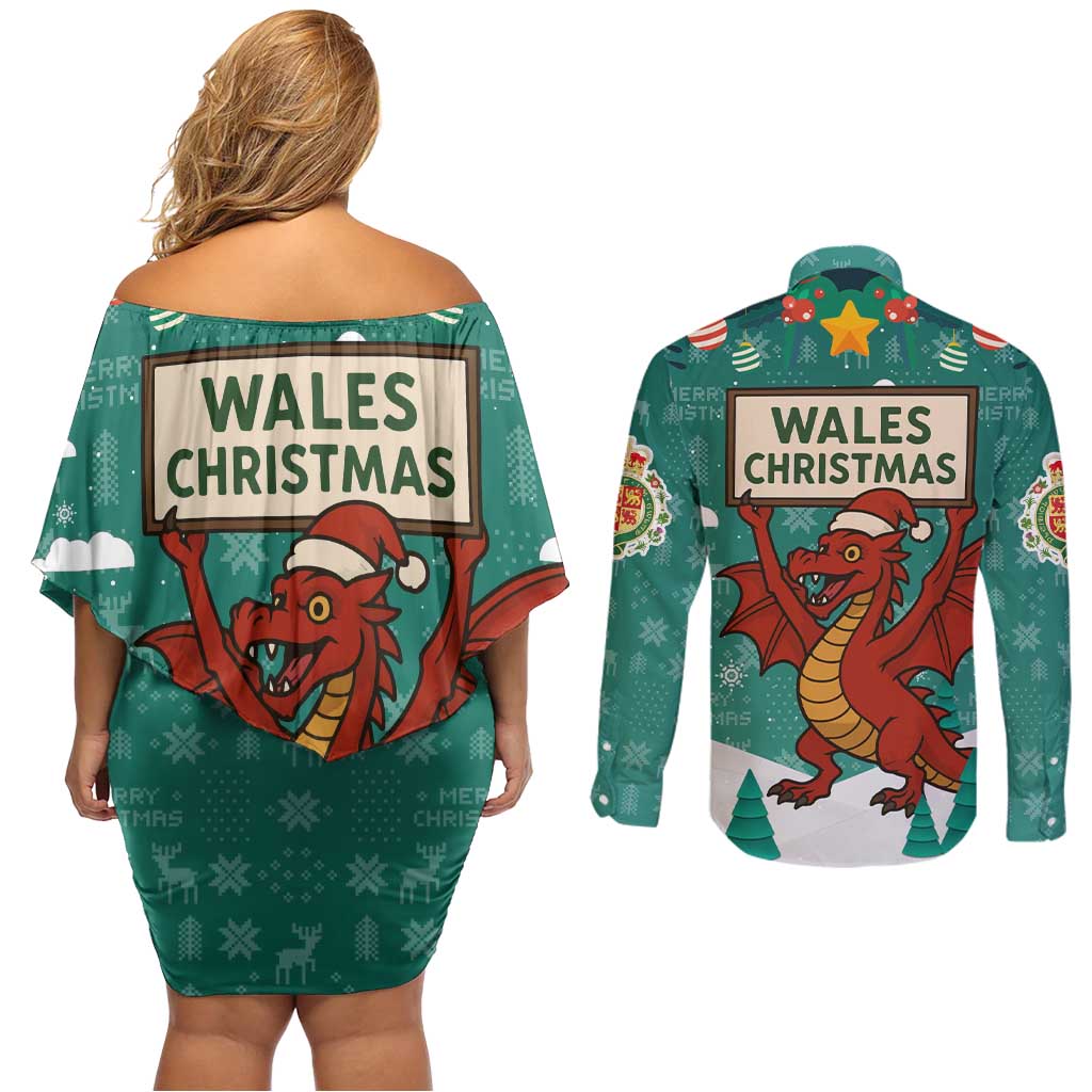 Wales Christmas Couples Matching Off Shoulder Short Dress and Long Sleeve Button Shirt with Red Dragon Santa Sleigh and Festive Green Snowflake - Wonder Print Shop