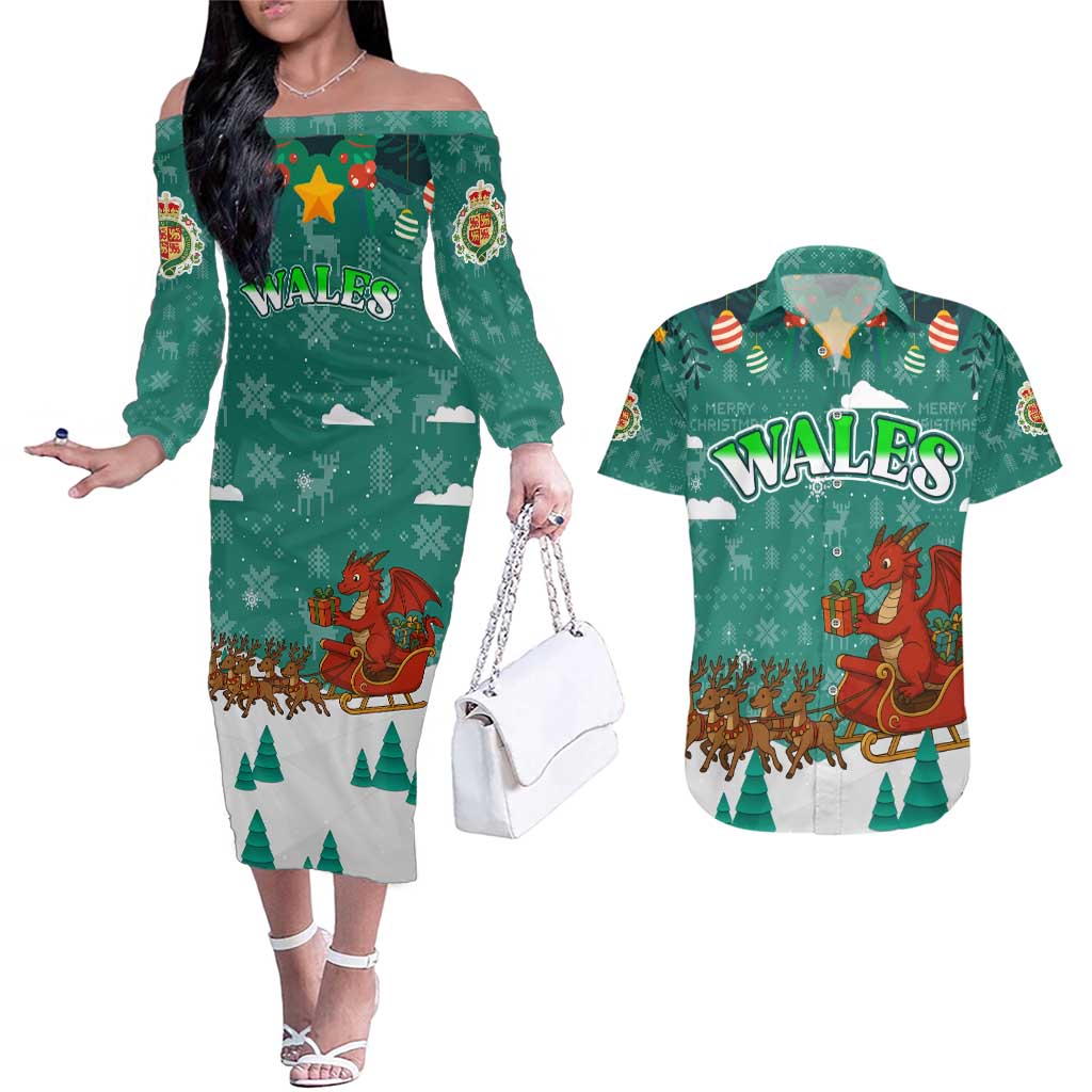 Wales Christmas Couples Matching Off The Shoulder Long Sleeve Dress and Hawaiian Shirt with Red Dragon Santa Sleigh and Festive Green Snowflake - Wonder Print Shop