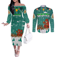 Wales Christmas Couples Matching Off The Shoulder Long Sleeve Dress and Long Sleeve Button Shirt with Red Dragon Santa Sleigh and Festive Green Snowflake - Wonder Print Shop