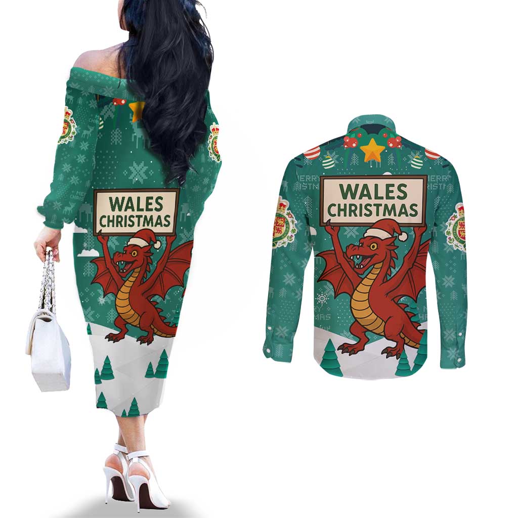 Wales Christmas Couples Matching Off The Shoulder Long Sleeve Dress and Long Sleeve Button Shirt with Red Dragon Santa Sleigh and Festive Green Snowflake - Wonder Print Shop