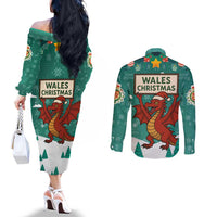 Wales Christmas Couples Matching Off The Shoulder Long Sleeve Dress and Long Sleeve Button Shirt with Red Dragon Santa Sleigh and Festive Green Snowflake - Wonder Print Shop