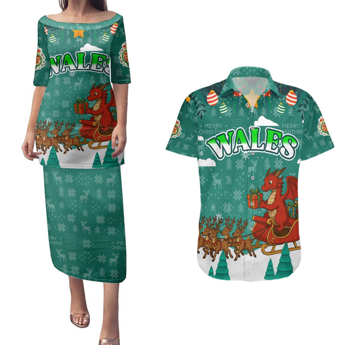 Wales Christmas Couples Matching Puletasi and Hawaiian Shirt with Red Dragon Santa Sleigh and Festive Green Snowflake - Wonder Print Shop