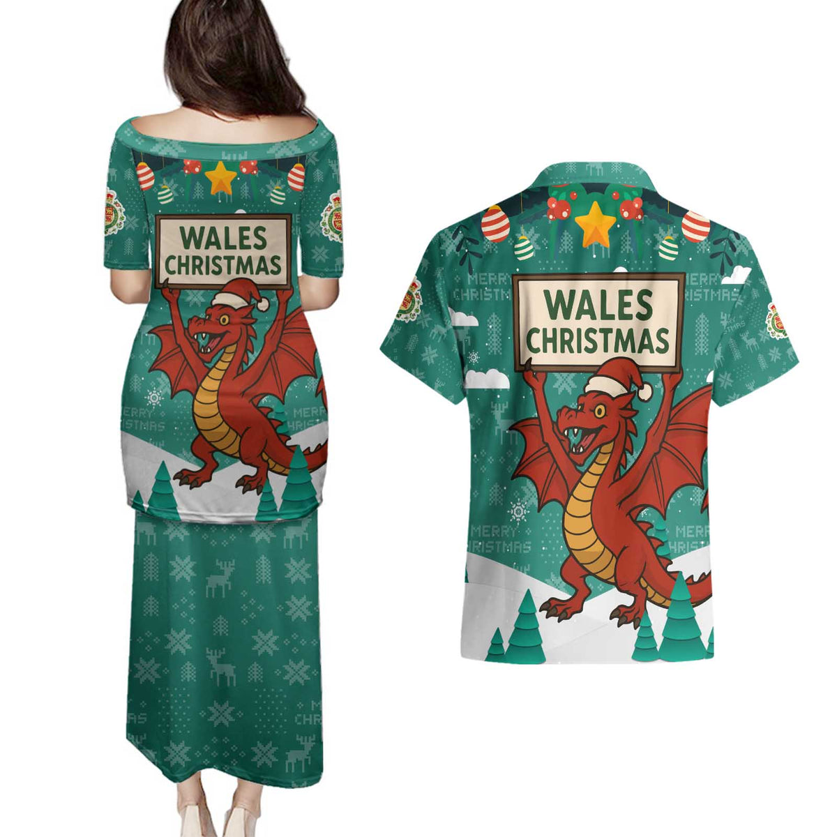 Wales Christmas Couples Matching Puletasi and Hawaiian Shirt with Red Dragon Santa Sleigh and Festive Green Snowflake - Wonder Print Shop