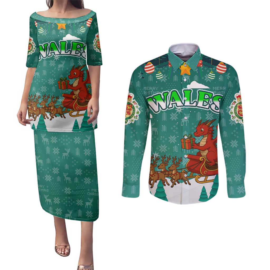 Wales Christmas Couples Matching Puletasi and Long Sleeve Button Shirt with Red Dragon Santa Sleigh and Festive Green Snowflake - Wonder Print Shop