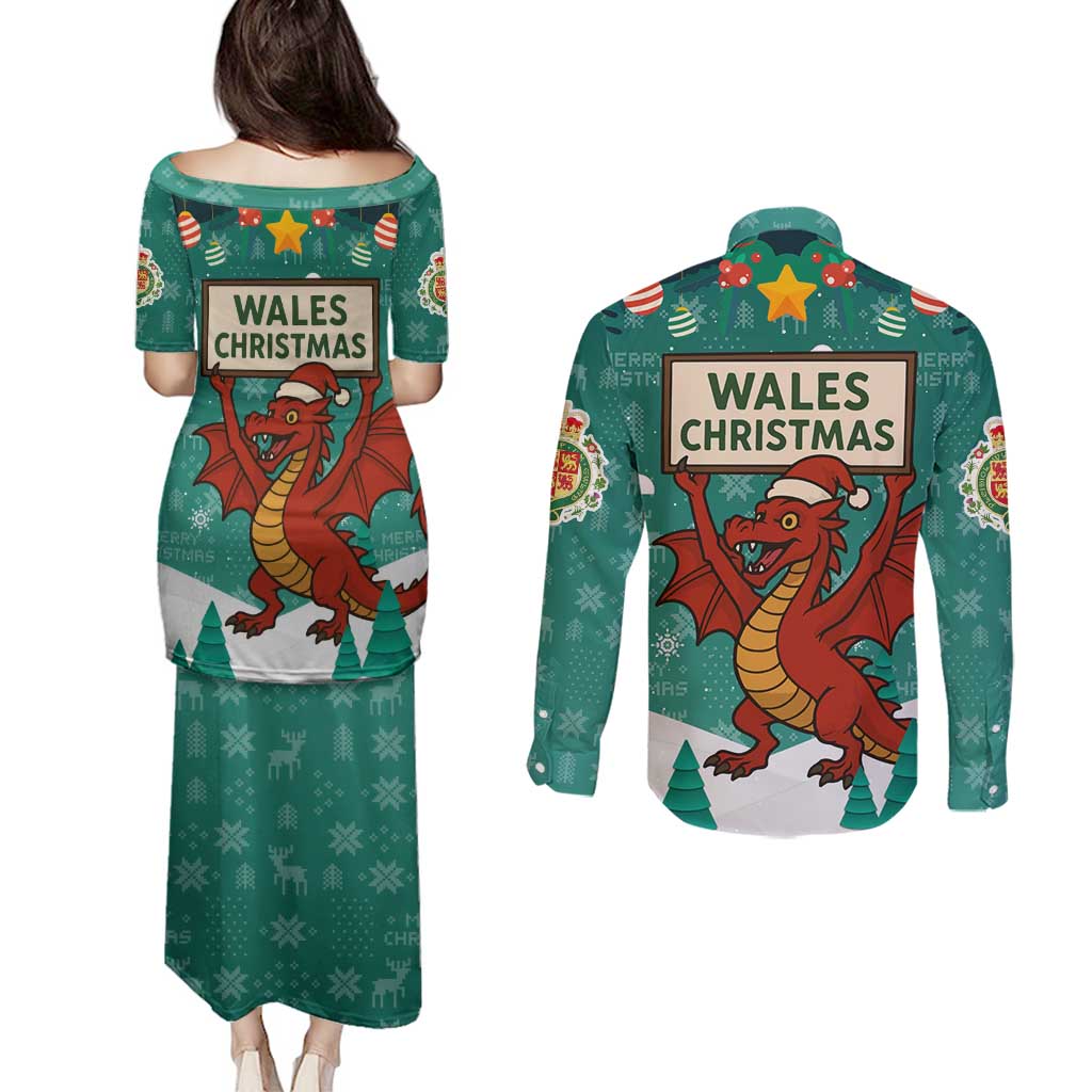 Wales Christmas Couples Matching Puletasi and Long Sleeve Button Shirt with Red Dragon Santa Sleigh and Festive Green Snowflake - Wonder Print Shop