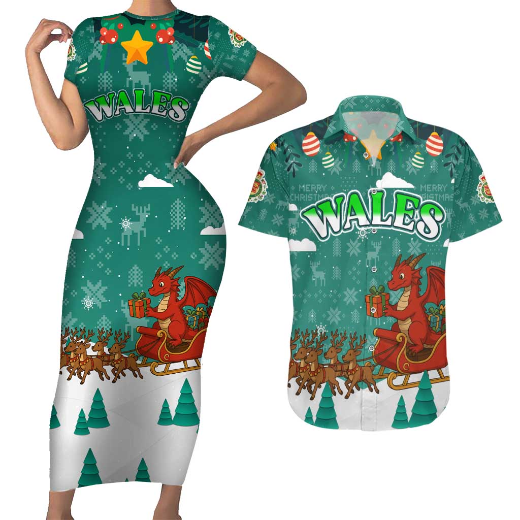 Wales Christmas Couples Matching Short Sleeve Bodycon Dress and Hawaiian Shirt with Red Dragon Santa Sleigh and Festive Green Snowflake - Wonder Print Shop