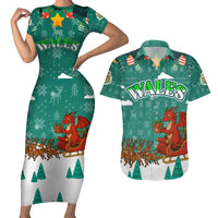 Wales Christmas Couples Matching Short Sleeve Bodycon Dress and Hawaiian Shirt with Red Dragon Santa Sleigh and Festive Green Snowflake - Wonder Print Shop