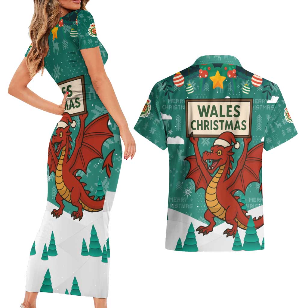 Wales Christmas Couples Matching Short Sleeve Bodycon Dress and Hawaiian Shirt with Red Dragon Santa Sleigh and Festive Green Snowflake - Wonder Print Shop