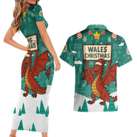 Wales Christmas Couples Matching Short Sleeve Bodycon Dress and Hawaiian Shirt with Red Dragon Santa Sleigh and Festive Green Snowflake - Wonder Print Shop