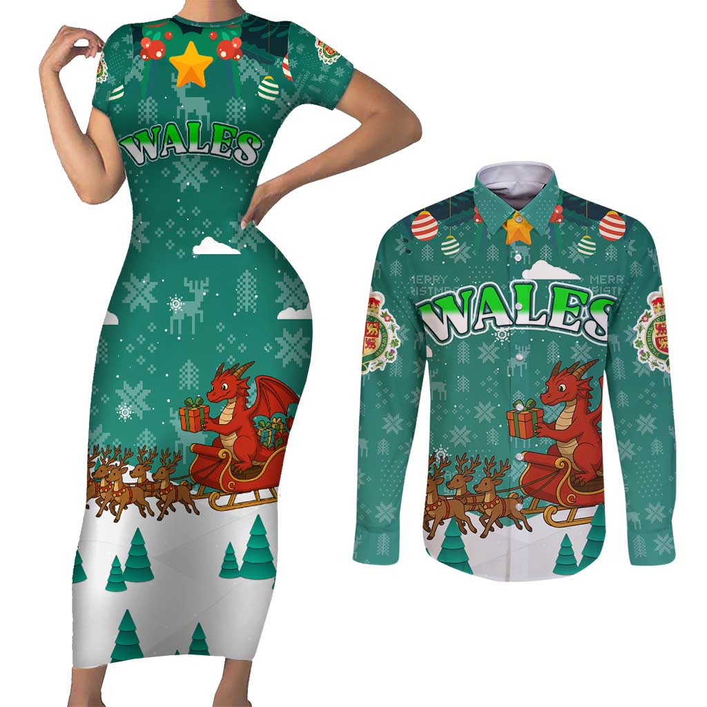 Wales Christmas Couples Matching Short Sleeve Bodycon Dress and Long Sleeve Button Shirt with Red Dragon Santa Sleigh and Festive Green Snowflake - Wonder Print Shop