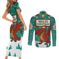 Wales Christmas Couples Matching Short Sleeve Bodycon Dress and Long Sleeve Button Shirt with Red Dragon Santa Sleigh and Festive Green Snowflake - Wonder Print Shop