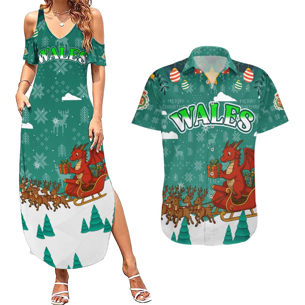 Wales Christmas Couples Matching Summer Maxi Dress and Hawaiian Shirt with Red Dragon Santa Sleigh and Festive Green Snowflake - Wonder Print Shop