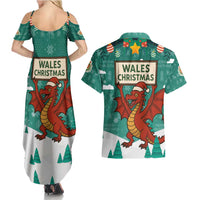 Wales Christmas Couples Matching Summer Maxi Dress and Hawaiian Shirt with Red Dragon Santa Sleigh and Festive Green Snowflake - Wonder Print Shop