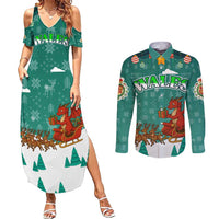 Wales Christmas Couples Matching Summer Maxi Dress and Long Sleeve Button Shirt with Red Dragon Santa Sleigh and Festive Green Snowflake - Wonder Print Shop