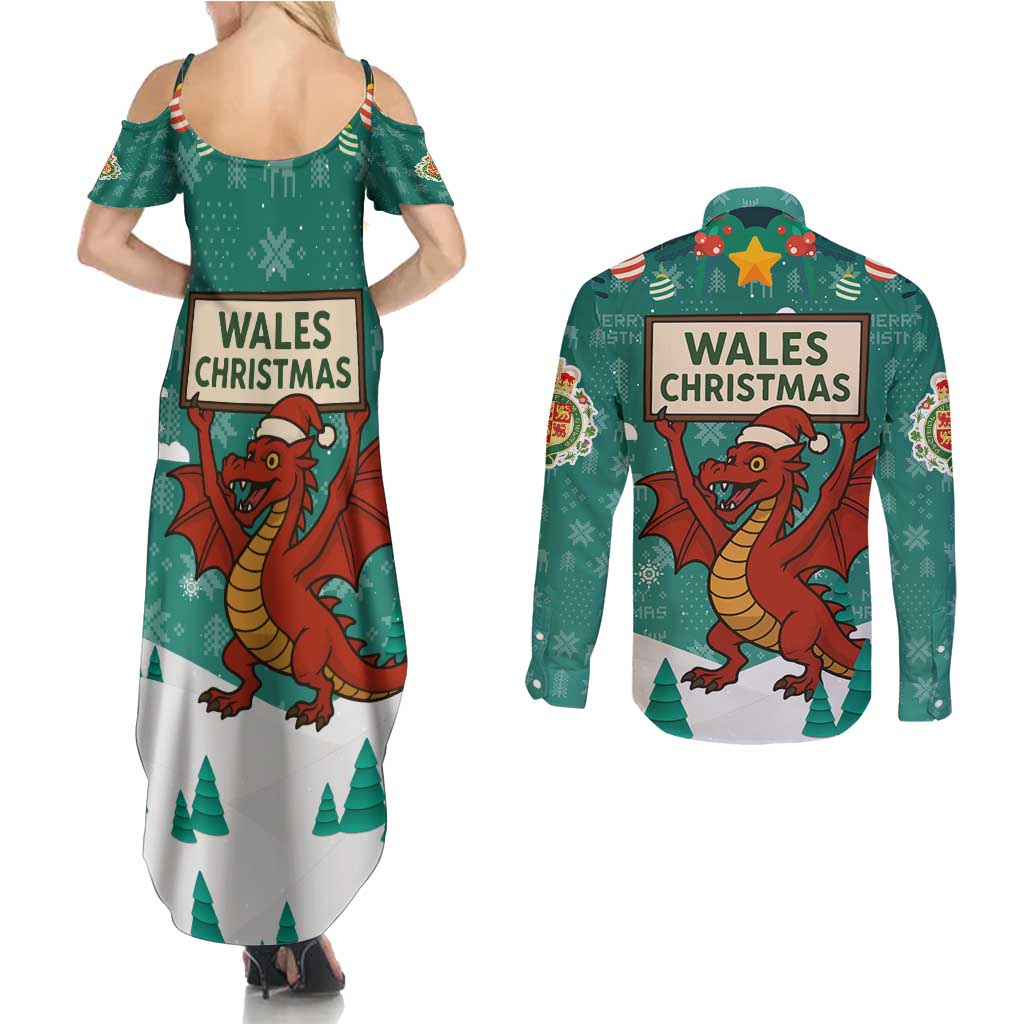 Wales Christmas Couples Matching Summer Maxi Dress and Long Sleeve Button Shirt with Red Dragon Santa Sleigh and Festive Green Snowflake - Wonder Print Shop