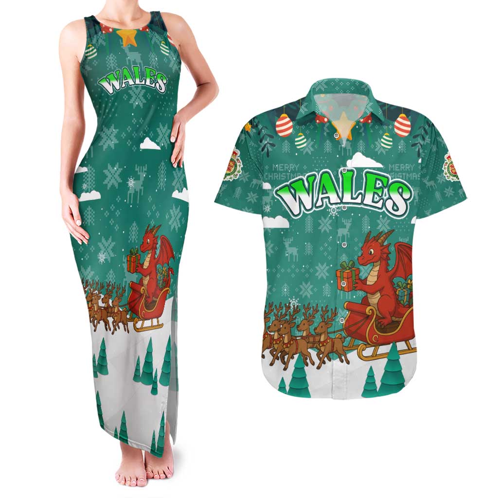 Wales Christmas Couples Matching Tank Maxi Dress and Hawaiian Shirt with Red Dragon Santa Sleigh and Festive Green Snowflake - Wonder Print Shop
