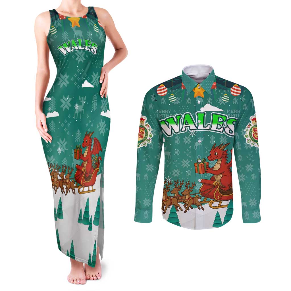Wales Christmas Couples Matching Tank Maxi Dress and Long Sleeve Button Shirt with Red Dragon Santa Sleigh and Festive Green Snowflake - Wonder Print Shop