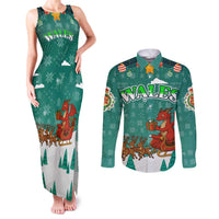 Wales Christmas Couples Matching Tank Maxi Dress and Long Sleeve Button Shirt with Red Dragon Santa Sleigh and Festive Green Snowflake - Wonder Print Shop