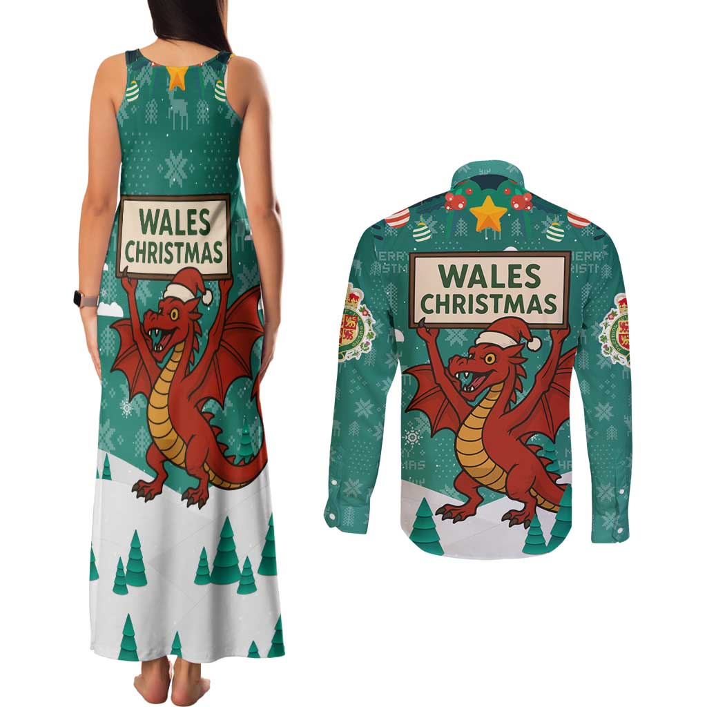 Wales Christmas Couples Matching Tank Maxi Dress and Long Sleeve Button Shirt with Red Dragon Santa Sleigh and Festive Green Snowflake - Wonder Print Shop