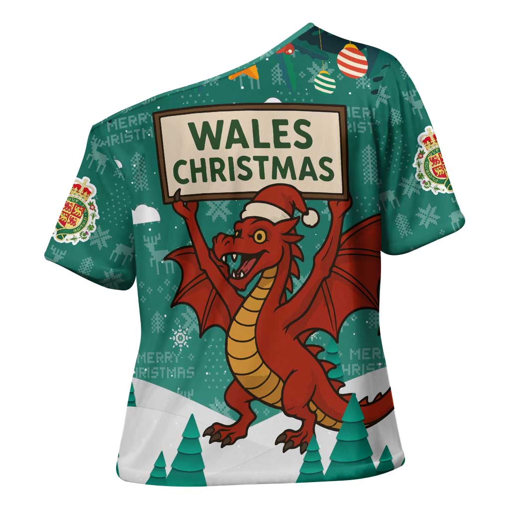 Wales Christmas Cross Shoulder Shirt with Red Dragon Santa Sleigh and Festive Green Snowflake - Wonder Print Shop