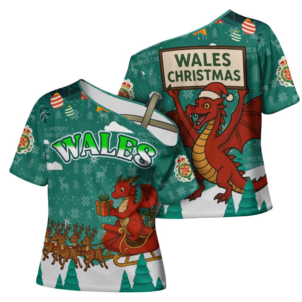 Wales Christmas Cross Shoulder Shirt with Red Dragon Santa Sleigh and Festive Green Snowflake - Wonder Print Shop