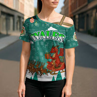 Wales Christmas Cross Shoulder Shirt with Red Dragon Santa Sleigh and Festive Green Snowflake - Wonder Print Shop
