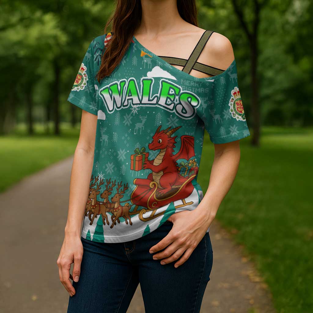 Wales Christmas Cross Shoulder Shirt with Red Dragon Santa Sleigh and Festive Green Snowflake - Wonder Print Shop