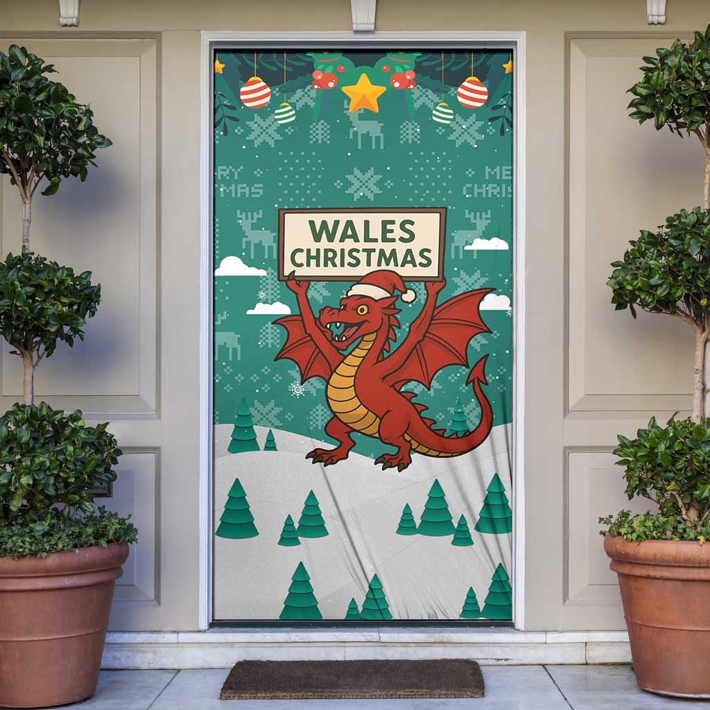 Wales Christmas Door Cover with Red Dragon Santa Sleigh and Festive Green Snowflake - Wonder Print Shop