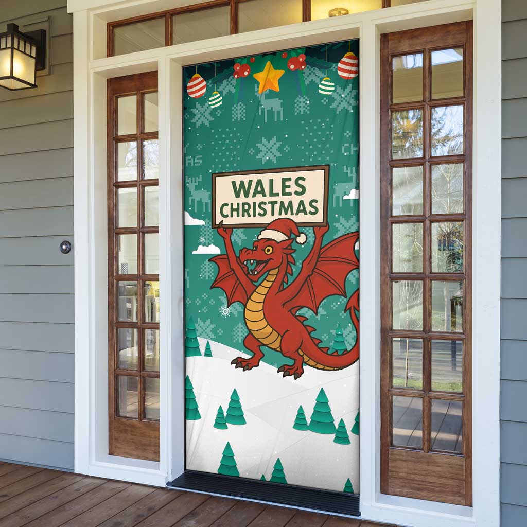 Wales Christmas Door Cover with Red Dragon Santa Sleigh and Festive Green Snowflake - Wonder Print Shop