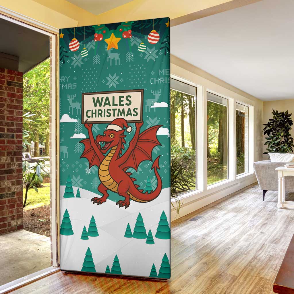 Wales Christmas Door Cover with Red Dragon Santa Sleigh and Festive Green Snowflake - Wonder Print Shop