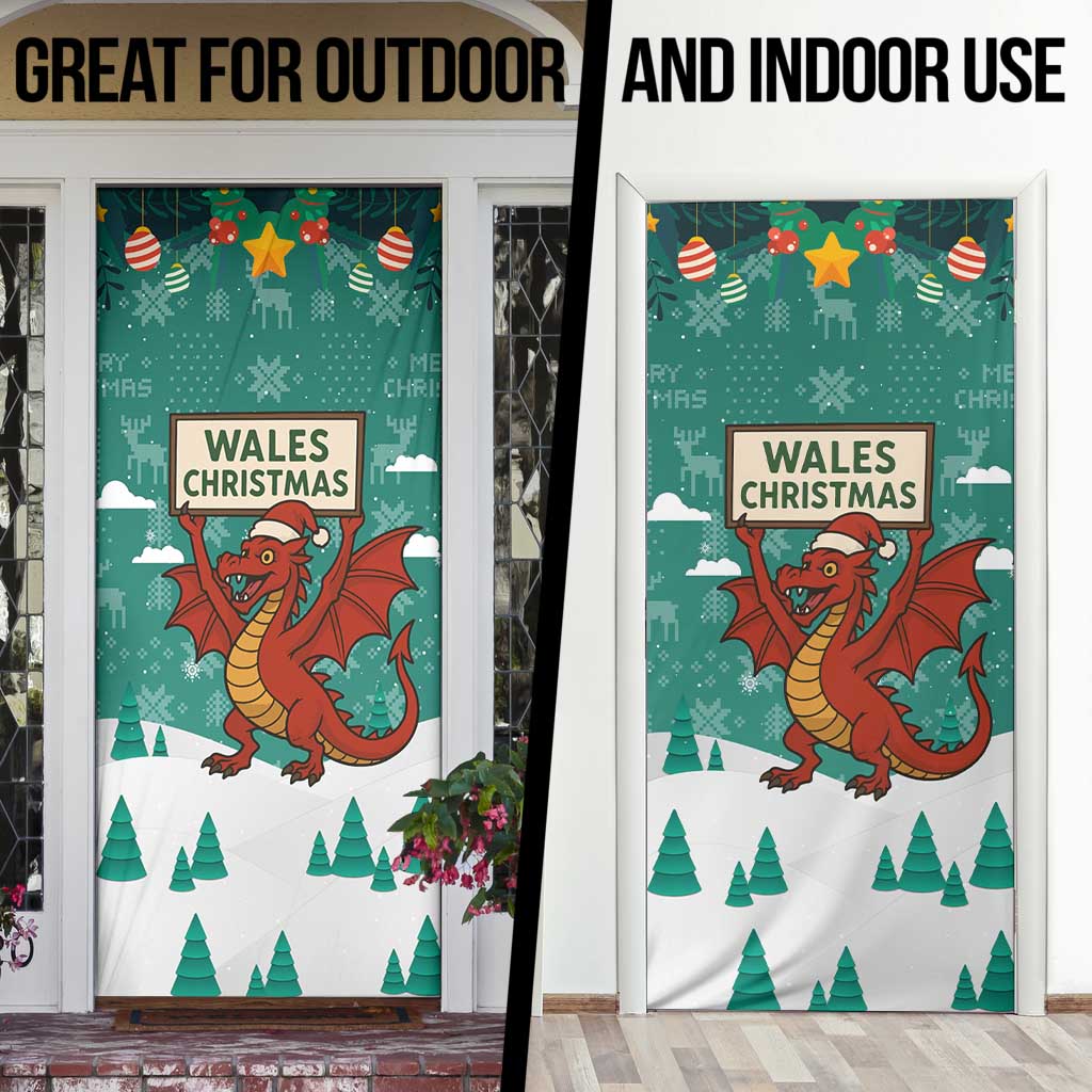 Wales Christmas Door Cover with Red Dragon Santa Sleigh and Festive Green Snowflake - Wonder Print Shop