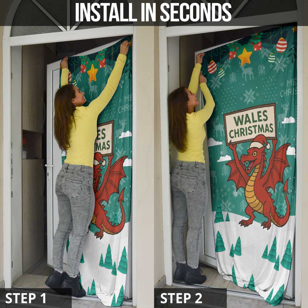 Wales Christmas Door Cover with Red Dragon Santa Sleigh and Festive Green Snowflake - Wonder Print Shop
