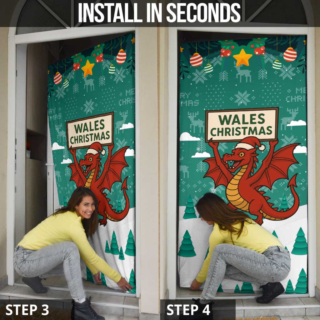 Wales Christmas Door Cover with Red Dragon Santa Sleigh and Festive Green Snowflake - Wonder Print Shop