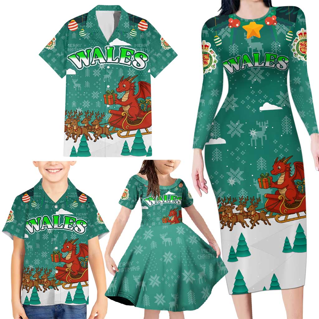 Wales Christmas Family Matching Long Sleeve Bodycon Dress and Hawaiian Shirt with Red Dragon Santa Sleigh and Festive Green Snowflake - Wonder Print Shop