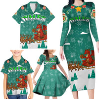 Wales Christmas Family Matching Long Sleeve Bodycon Dress and Hawaiian Shirt with Red Dragon Santa Sleigh and Festive Green Snowflake - Wonder Print Shop