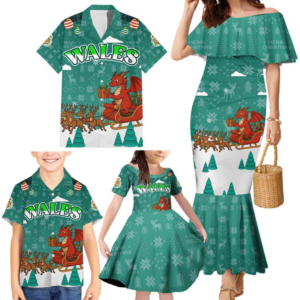 Wales Christmas Family Matching Mermaid Dress and Hawaiian Shirt with Red Dragon Santa Sleigh and Festive Green Snowflake - Wonder Print Shop